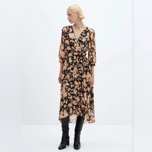 Mango Black and Tan Floral Midi Dress